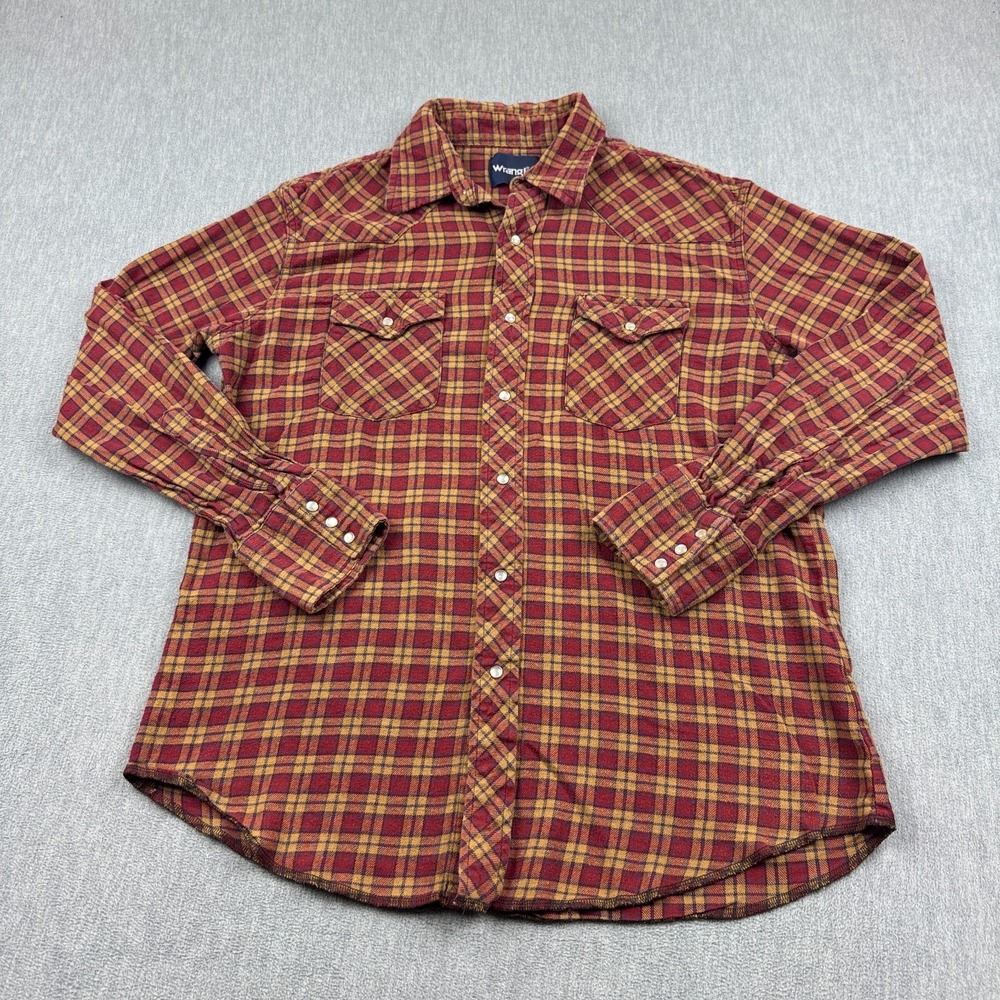 Wrangler Shirt Mens Large Red Yellow Plaid Pearl Snap Western Rodeo Cowboy Retro